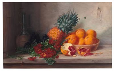 Stilleben mit Orangen, Ananas, Rotweinflasche und Goldlack