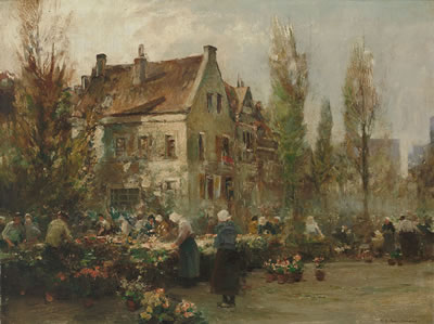 Holländischer Blumenmarkt vor malerischer Häuserfassade mit sonnigem Lichteinfall.