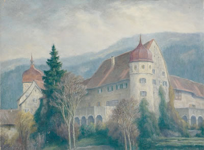 Blick auf das Deuringschlösschen und den Martinsturm in Bregenz, im Hintergrund der Pfänder