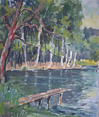 Holzsteg an einem Weiher.