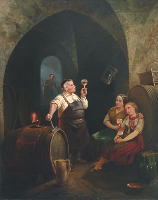 Kellermeister und zwei beseelte Mädchen bei der Weinprobe