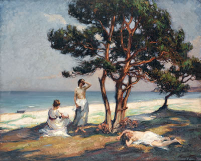 'Einsamer Strand'. Drei Frauen im Schatten einer Kiefer an der See an einem prachtvollen Sommermorgen