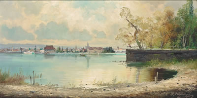Blick von der rechten Rheinseite auf die Stadtsilhouette von Konstanz