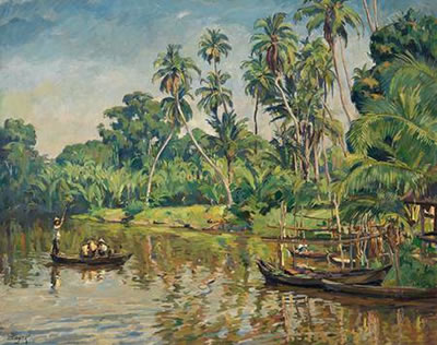 Flusslandschaft auf Sumatra mit Anlegesteg, Booten und Personenstaffage