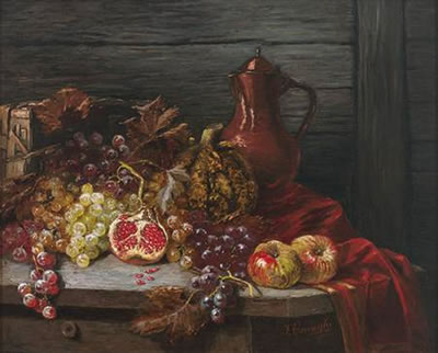 Stilleben mit Trauben, Äpfeln und Granatapfel