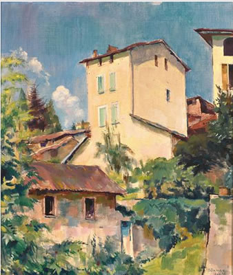 Blick aus dem Atelier des Künstlers auf Häuserpartie in Montagnola.