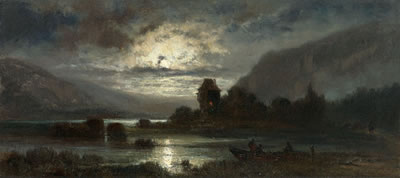 Abendliche Seenlandschaft in den Voralpen mit Fischerboot und Turm