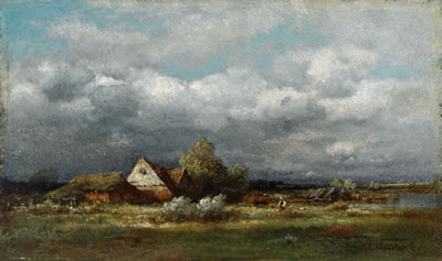 Besonnte abendliche Landschaft mit malerischem Gehöft