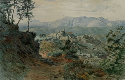 Blick auf die malerische Stadt mit dem Apennin im Hintergrund.