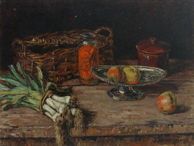 Stilleben mit Lauch, Äpfeln und eingelegten Tomaten.