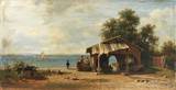 Uferstück am Starnberger See mit Bootshaus und reicher Figurenstaffage an einem Sommertag.