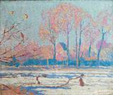 Pointillistisch gemalte winterliche Landschaft in Pastelltönen
