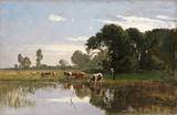 Viehherde an der Tränke. Weiher mit Figurenstaffage