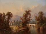 Sommerliche Landschaft mit Flusslauf und steinerner Brücke, Häusern und Figurenstaffage vor Gebirgshorizont