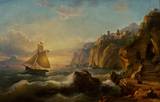 Die Steilküste bei Sorrent. Malerische Abendlandschaft mit bewegter Marine, vorbeiziehendem Segelboot und Fischern am Ufer.