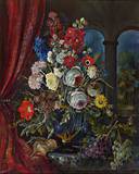 Altmeisterliches Blumenstilleben, im Hintergrund Loggia und Parklandschaft