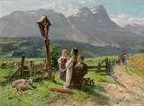 'At the crossroads'. Glorious summer mountain landscape. It focused on three children pray in costume in front of a shrine. Links shepherd with his flock. Right Corpus Christi procession on the way to church.