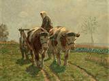 'Fahrt auf's Feld am Morgen'. Bäuerin mit Ochsengespann und Fuhrwerk.