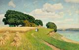 Flusslandschaft (Elbe?) in Norddeutschland mit Weizenfeld und Figurenstaffage