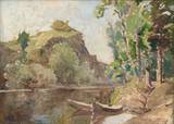 Flusslandschaft im Frühling. Am Ufer angelegte Nachen