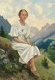 'Bergfrühling'. Portrait der Paula Weiß, verehel. Pfeiffer. Meisterlich charakterisiert vor Gebirgshintergrund