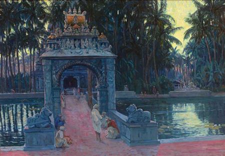 Tempelanlage in Südostasien mit Palmenhain, Gewässer und Figurenstaffage by Paul Kutscha - Auction record, sale price, and art valuation. Compare with similar artists and explore comparable artworks.
