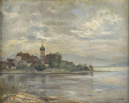 Blick vom Westen auf die Halbinsel Wasserburg am Bodensee.