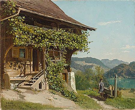 Typical farmhouse in the Bernese Oberland with girls at the fountain, autumn landscape with lake and forested hills