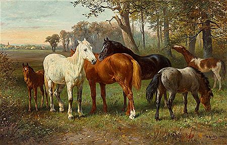 Six horses in summer landscape in the background a village church
