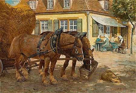 Farm Workers at rest, in the foreground two-horse carriage harvest