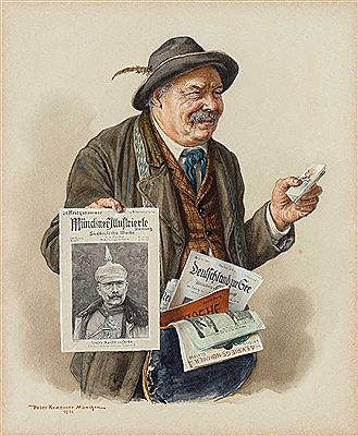 Bavarian newspaper vendor offers the Münchner Illustrierte in the likeness of Kaiser Wilhelm II by Peter Kraemer II - Auction record, sale price, and art valuation. Compare with similar artists and explore comparable artworks.