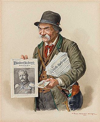 Bavarian newspaper vendor offers the Münchner Illustrierte with the portrait of Field Marshal Hindenburg