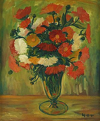 Bouquet of flowers in glass vase by Ernst Matthias Schroffenegger - Auction record, sale price, and art valuation. Compare with similar artists and explore comparable artworks.