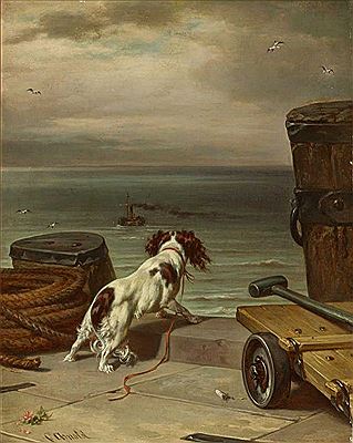 Ein Spaniel an der Mole blickt sehnsüchtig nach einem abfahrendem Schiff by Carl Johann Arnold - Auction record, sale price, and art valuation. Compare with similar artists and explore comparable artworks.