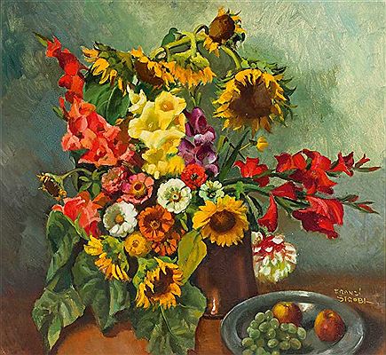 Prachtvolles herbstliches Blumenstilleben mit Sonnenblumen und Gladiolen