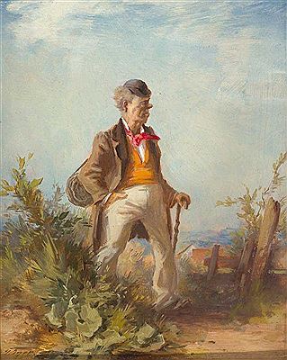 Humoristische Schilderung eines Wanderers, in Spitzweg'scher Manier