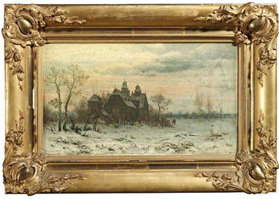 Wintry farmstead at sunset; Wintry route at sunset
