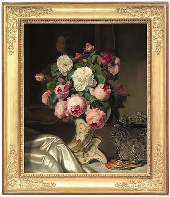 Stilleben mit rosa und weißen Rosen, Schmuckschatulle und Armreifen
