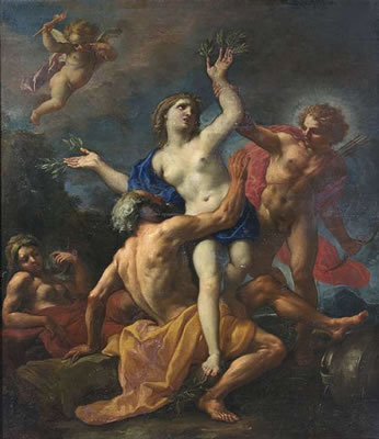 The picture captures the culminating moment, in which the lovesick Apollo chases Daphne and grabs her arm