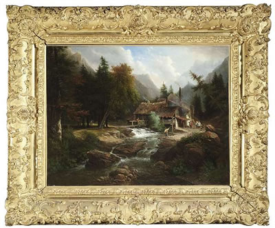 Mountainous landscape with a blacksmith's shop at a brook