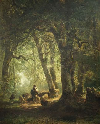 Woods inside with a herdsman and his flock