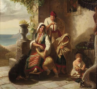 Italian peasant family at the entrance of their house