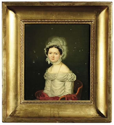 Portrait of a young lady wearing a white dress and a lace cap