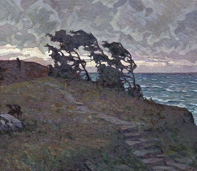 Coastal path at dusk, 1929 (Reverse: Portrait of a violinist)
