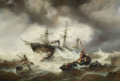 Three-master in stormy sea