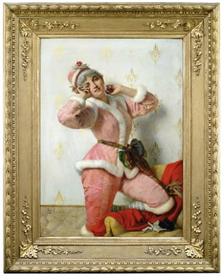 Portrait of a young lady wearing a pink velvet costume with fur trimming