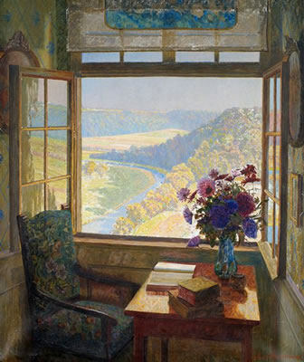 Interior of Castle Kirchberg with an open window and view of a river landscape