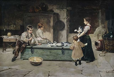 Familienidyll in einer Bauernküche.