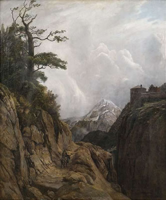 Eselreiter in Hochgebirgslandschaft.