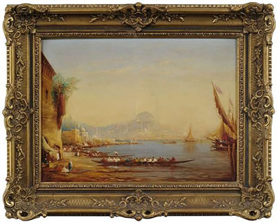 Istanbul. Ansicht des Hafens mit zahlreichen Ruderbooten und Schiffen, im Hintergrund die Silhouette der Hagia Sophia im diffusen Licht der untergehenden Sonne